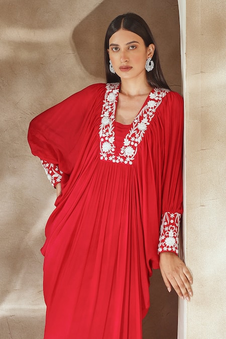 Seema Thukral_Pink Chiffon Embroidery Zari V Neck Cuff Kaftan _at_Aza_Fashions