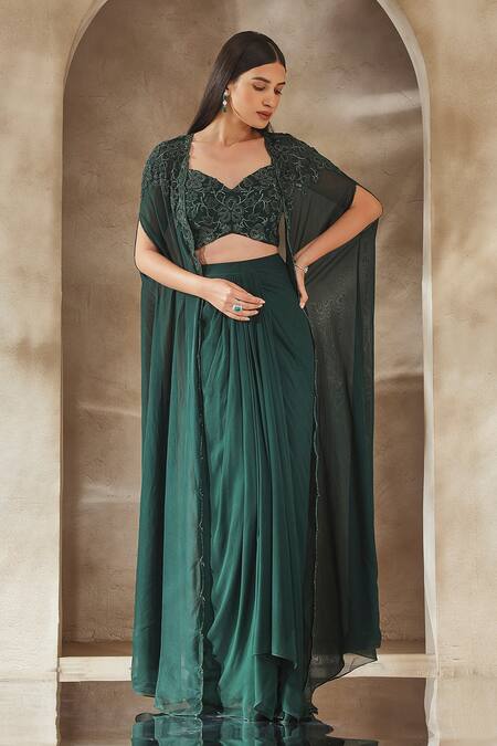Seema Thukral_Emerald Green Georgette Pearls, Zari Embroidered Cape Skirt Set For Kids_Online_at_Aza_Fashions