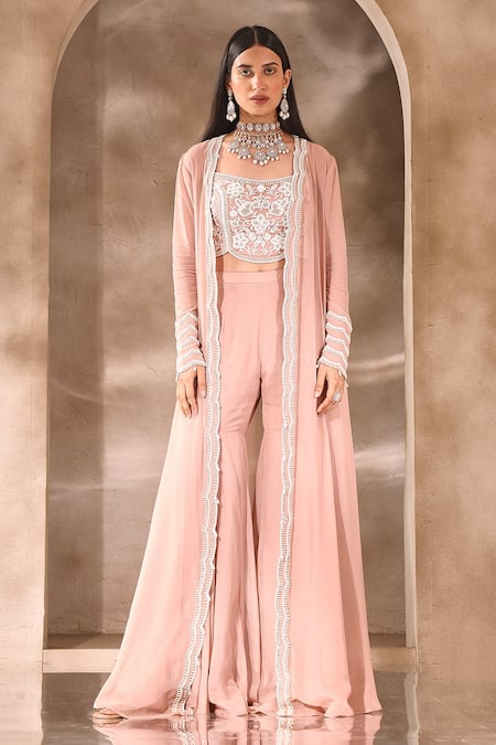Seema Thukral_Pink Georgette, Satin, Organza Embroidery, Scallop Detail Jacket Gharara Set _Online_at_Aza_Fashions