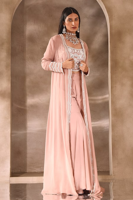 Buy_Seema Thukral_Pink Georgette, Satin, Organza Embroidery, Scallop Detail Jacket Gharara Set _Online_at_Aza_Fashions