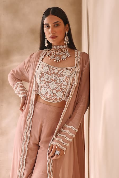 Shop_Seema Thukral_Pink Georgette, Satin, Organza Embroidery, Scallop Detail Jacket Gharara Set _Online_at_Aza_Fashions