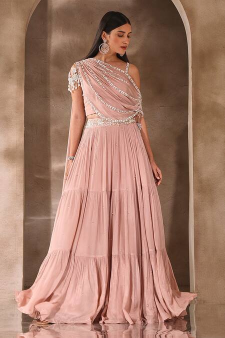 Seema Thukral Pink Chiffon, Satin Tassels, Pearls, Beads Tiered Lehenga And Draped Blouse Set Online at Aza Fashions Seema Thukral_Pink Chiffon, Satin Tassels, Pearls, Beads Tiered Lehenga And Draped Blouse Set _Online_at_Aza_Fashions