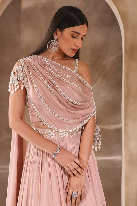 Buy Seema Thukral Pink Chiffon, Satin Tassels, Pearls, Beads Tiered Lehenga And Draped Blouse Set Online at Aza Fashions Buy_Seema Thukral_Pink Chiffon, Satin Tassels, Pearls, Beads Tiered Lehenga And Draped Blouse Set _Online_at_Aza_Fashions