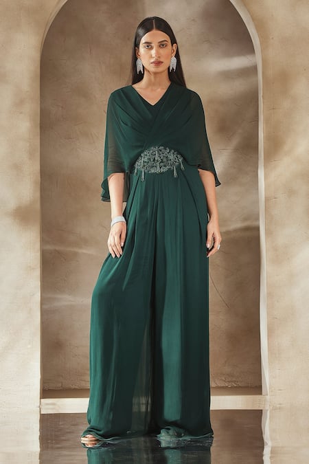 Seema Thukral_Emerald Green Georgette, Satin Sequins, Floral Embroidered Patch Draped Jumpsuit _Online_at_Aza_Fashions