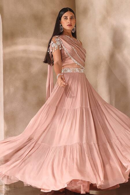 Shop Seema Thukral Pink Chiffon, Satin Tassels, Pearls, Beads Tiered Lehenga And Draped Blouse Set Online at Aza Fashions Shop_Seema Thukral_Pink Chiffon, Satin Tassels, Pearls, Beads Tiered Lehenga And Draped Blouse Set _Online_at_Aza_Fashions