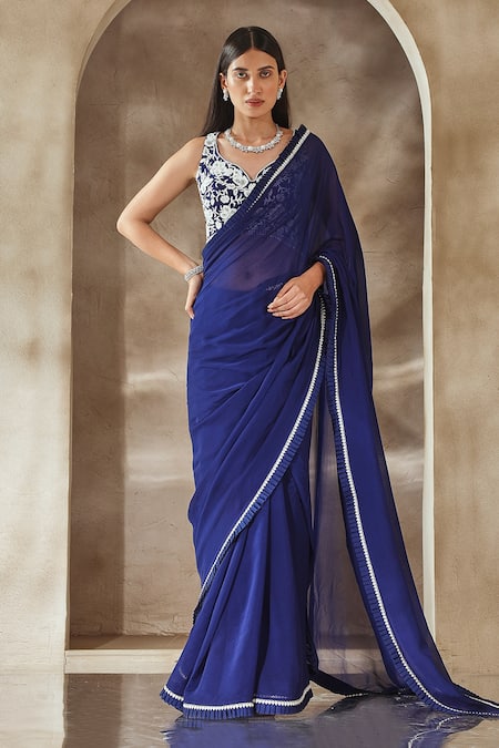 Seema Thukral Blue Organza, Chanderi, Georgette, Satin Embroidery Pleated Border Saree Set Online at Aza Fashions Seema Thukral_Blue Organza, Chanderi, Georgette, Satin Embroidery Pleated Border Saree Set _Online_at_Aza_Fashions