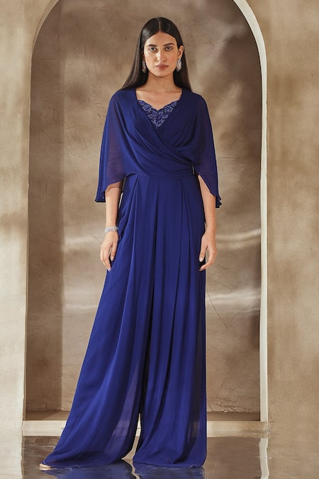 Seema Thukral_Blue Georgette, Satin Embroidery, Beads, Sequins Floral Neck Draped Jumpsuit For Kids_Online_at_Aza_Fashions