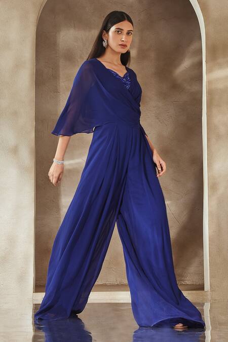 Buy_Seema Thukral_Blue Georgette, Satin Embroidery, Beads, Sequins Floral Neck Draped Jumpsuit For Kids_Online_at_Aza_Fashions