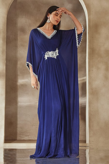 Seema Thukral Blue Chiffon, Satin Embroidery V-neck Neckline Kaftan Online at Aza Fashions Seema Thukral_Blue Chiffon, Satin Embroidery V-neck Neckline Kaftan _Online_at_Aza_Fashions