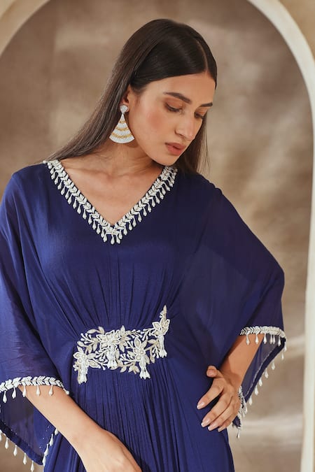 Buy Blue Chiffon Embroidery Anchor Threads V Neck Neckline Kaftan For Women  by Seema Thukral Online at Aza Fashions.