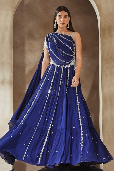 Seema Thukral_Blue Chiffon, Satin Embroidery, Tassels, Beads, Mirror Lehenga And Blouse Set _Online_at_Aza_Fashions