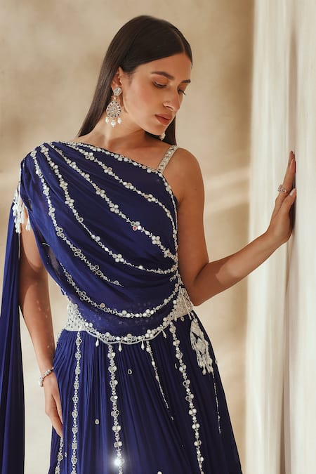 Shop_Seema Thukral_Blue Chiffon, Satin Embroidery, Tassels, Beads, Mirror Lehenga And Blouse Set _Online_at_Aza_Fashions