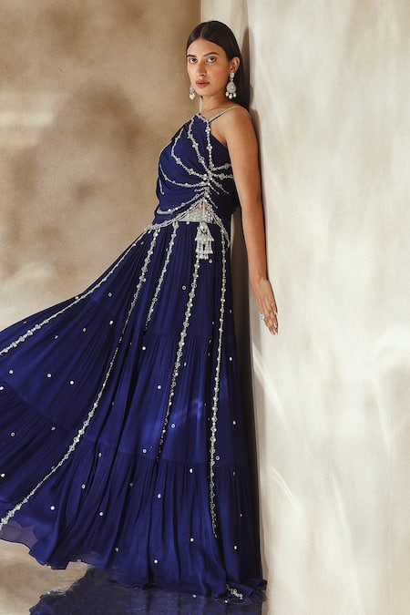 Seema Thukral_Blue Chiffon, Satin Embroidery, Tassels, Beads, Mirror Lehenga And Blouse Set _at_Aza_Fashions