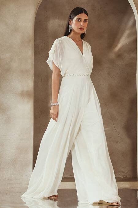 Buy_Seema Thukral_Ivory Georgette, Satin Beads V-neck Pearl Embroidered Neckline Draped Jumpsuit _Online_at_Aza_Fashions