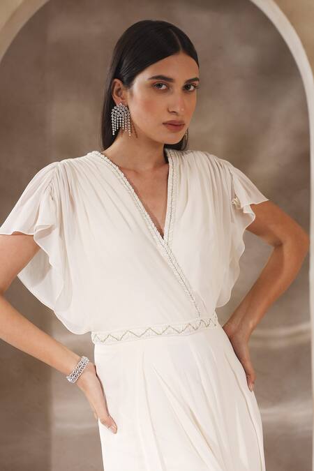 Shop_Seema Thukral_Ivory Georgette, Satin Beads V-neck Pearl Embroidered Neckline Draped Jumpsuit _Online_at_Aza_Fashions
