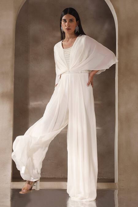Seema Thukral_Ivory Georgette, Satin Pearls, Sequins Draped And Embroidered Bodice Jumpsuit _Online_at_Aza_Fashions