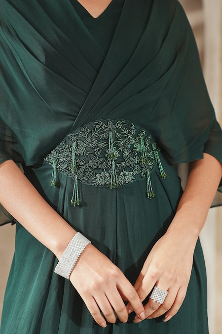 Shop_Seema Thukral_Emerald Green Georgette, Satin Sequins, Floral Embroidered Patch Draped Jumpsuit _Online_at_Aza_Fashions