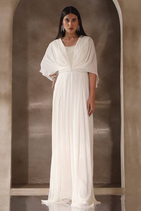 Buy_Seema Thukral_Ivory Georgette, Satin Pearls, Sequins Draped And Embroidered Bodice Jumpsuit _Online_at_Aza_Fashions