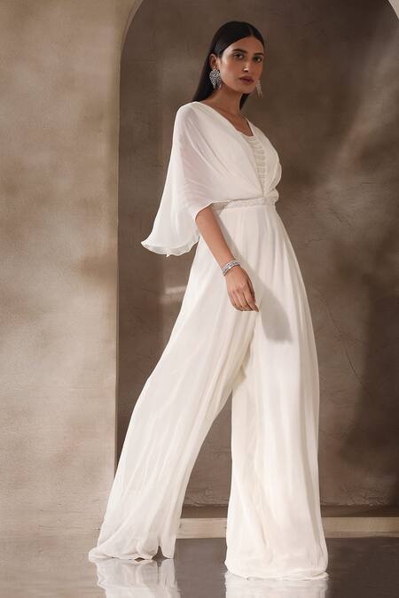Shop_Seema Thukral_Ivory Georgette, Satin Pearls, Sequins Draped And Embroidered Bodice Jumpsuit _Online_at_Aza_Fashions