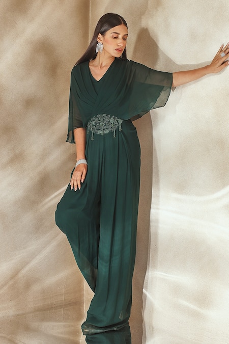 Seema Thukral_Emerald Green Georgette, Satin Sequins, Floral Embroidered Patch Draped Jumpsuit _at_Aza_Fashions