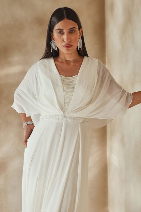 Seema Thukral_Ivory Georgette, Satin Pearls, Sequins Draped And Embroidered Bodice Jumpsuit _at_Aza_Fashions