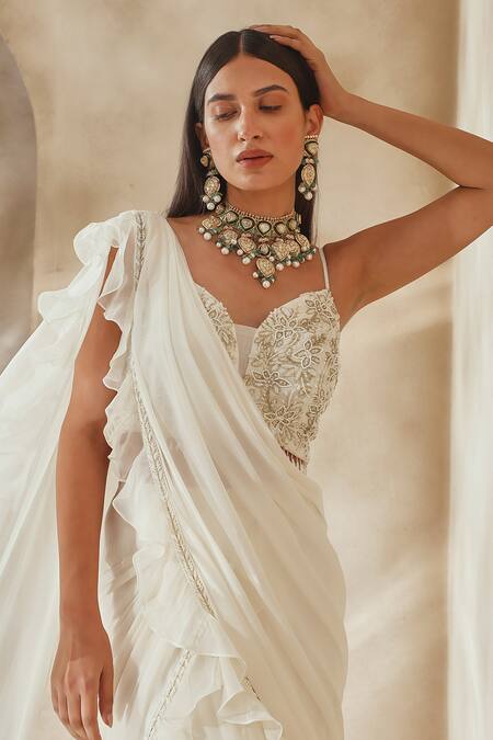 Shop_Seema Thukral_Ivory Georgette, Organza Embroidery, Pre-draped Ruffle Saree With Blouse _Online_at_Aza_Fashions