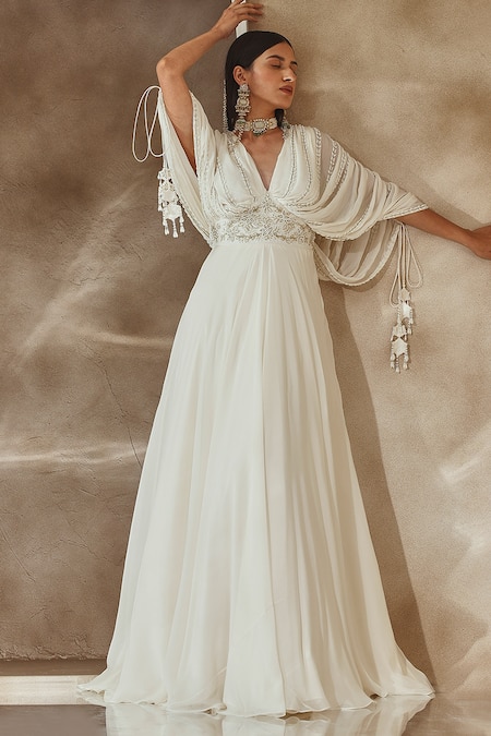 Seema Thukral_Ivory Georgette, Organza, Satin Embroidery Plunge Neck Draped Bodice Gown _Online_at_Aza_Fashions