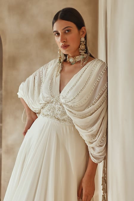 Shop_Seema Thukral_Ivory Georgette, Organza, Satin Embroidery Plunge Neck Draped Bodice Gown _Online_at_Aza_Fashions