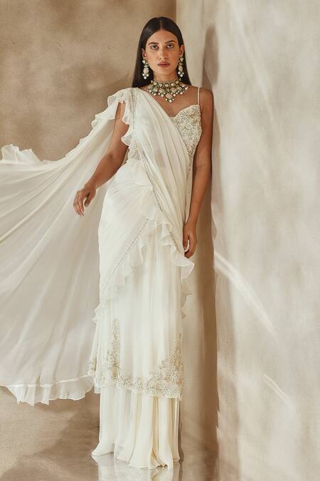 Seema Thukral_Ivory Georgette, Organza Embroidery, Pre-draped Ruffle Saree With Blouse _at_Aza_Fashions