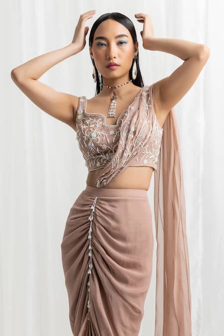 Seema Thukral Pink Georgette, Satin, Organza Pre-draped Cowl Saree With Embroidered Choli Online at Aza Fashions Seema Thukral_Pink Georgette, Satin, Organza Pre-draped Cowl Saree With Embroidered Choli _Online_at_Aza_Fashions