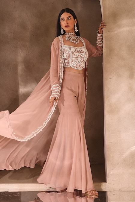 Seema Thukral_Pink Georgette, Satin, Organza Embroidery, Scallop Detail Jacket Gharara Set _at_Aza_Fashions