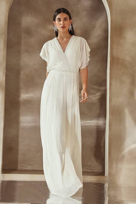 Seema Thukral_Ivory Georgette, Satin Beads V-neck Pearl Embroidered Neckline Draped Jumpsuit _at_Aza_Fashions