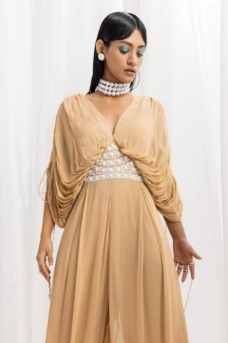 Seema Thukral_Gold Chiffon And Georgette Hand Embroidered Pearls V Neck Cowl Sleeve Jumpsuit _Online_at_Aza_Fashions
