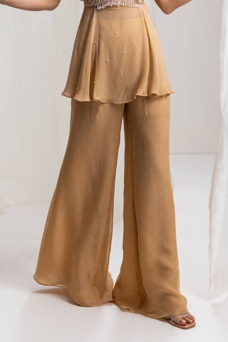 Buy Seema Thukral Gold Georgette, Organza, Crepe Hand Embroidered Peplum Top And Flared Pant Set Online at Aza Fashions Buy_Seema Thukral_Gold Georgette, Organza, Crepe Hand Embroidered Peplum Top And Flared Pant Set _Online_at_Aza_Fashions