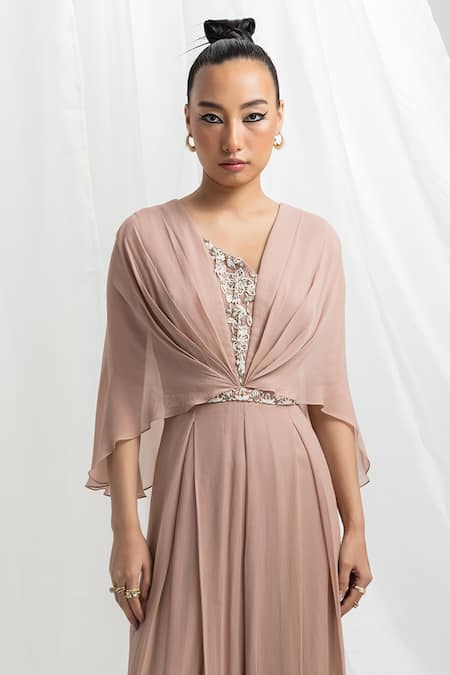 Seema Thukral_Pink Georgette, Satin Embroidery V-neck Hand Draped Jumpsuit _Online_at_Aza_Fashions