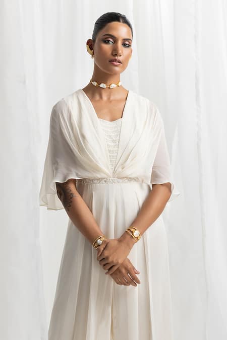 Seema Thukral Ivory Georgette, Satin Beads, Pearls, Sequins Embellished Draped Jumpsuit Online at Aza Fashions Seema Thukral_Ivory Georgette, Satin Beads, Pearls, Sequins Embellished Draped Jumpsuit _Online_at_Aza_Fashions