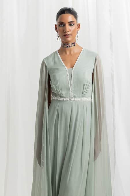 Seema Thukral_Green Georgette, Satin Embroidery Cascading Flared Sleeve Embellished Jumpsuit _Online_at_Aza_Fashions