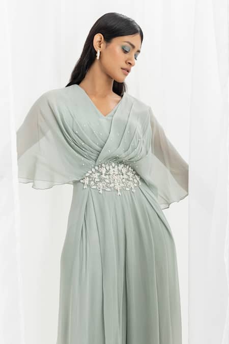 Seema Thukral_Green Georgette, Satin Sequins V-neck Pearl Embellished Pleated Jumpsuit _Online_at_Aza_Fashions