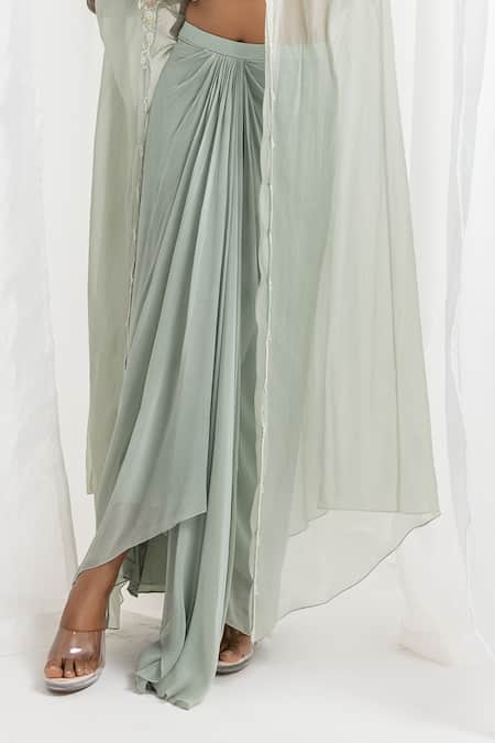 Buy Seema Thukral Green Georgette Sequins, Beads, Floral Embellished Cape And Draped Skirt Set Online at Aza Fashions Buy_Seema Thukral_Green Georgette Sequins, Beads, Floral Embellished Cape And Draped Skirt Set _Online_at_Aza_Fashions