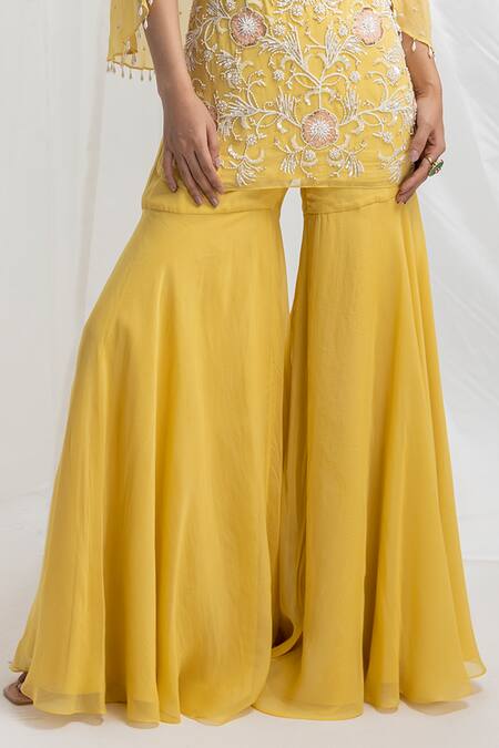Buy_Seema Thukral_Yellow Georgette, Organza, Crepe Floral Hand Embroidered Kurta Gharara Set _Online_at_Aza_Fashions