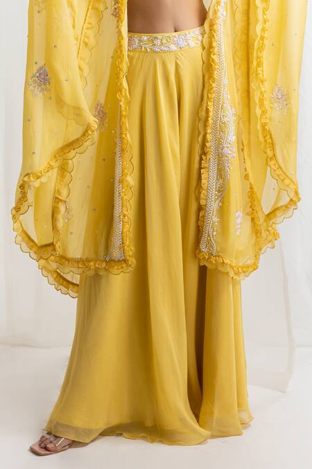 Buy Seema Thukral Yellow Georgette, Organza, Crepe Pearls, Hand Embroidered Cape And Sharara Set Online at Aza Fashions Buy_Seema Thukral_Yellow Georgette, Organza, Crepe Pearls, Hand Embroidered Cape And Sharara Set _Online_at_Aza_Fashions