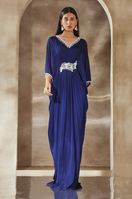 Shop_Seema Thukral_Blue Chiffon, Satin Embroidery V-neck Neckline Kaftan _Online_at_Aza_Fashions