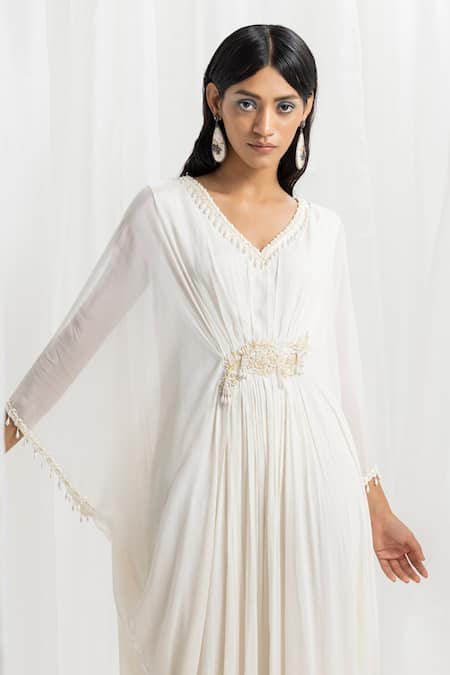 Seema Thukral_Ivory Chiffon, Satin Embroidery V-neck Placement Hand Kaftan _Online_at_Aza_Fashions