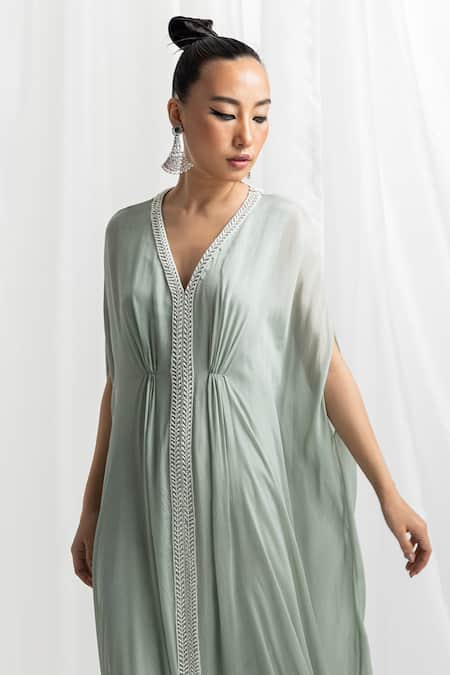 Seema Thukral_Green Chiffon, Satin Embroidery V-neck Hand Placket Kaftan _Online_at_Aza_Fashions