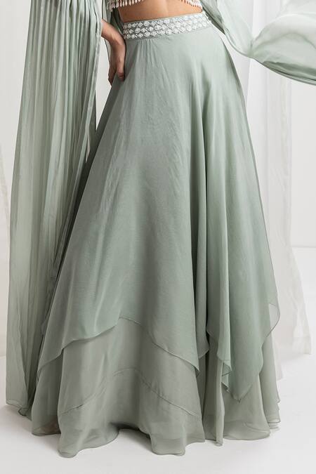 Buy Seema Thukral Green Organza, Crepe, Georgette, Chiffon Drape Sleeve Hand Blouse With Lehenga Online at Aza Fashions Buy_Seema Thukral_Green Organza, Crepe, Georgette, Chiffon Drape Sleeve Hand Blouse With Lehenga _Online_at_Aza_Fashions