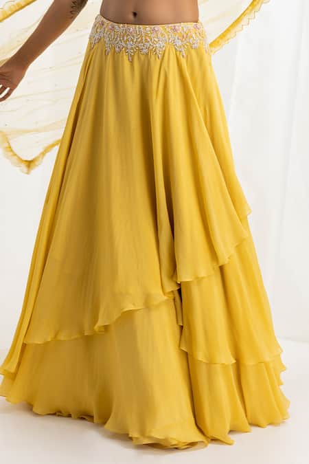 Seema Thukral_Yellow Georgette, Net, Organza, Chiffon Layered Lehenga And Hand Blouse Set _Online_at_Aza_Fashions