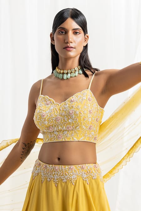 Buy_Seema Thukral_Yellow Georgette, Net, Organza, Chiffon Layered Lehenga And Hand Blouse Set _Online_at_Aza_Fashions