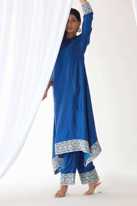 Buy_Koashee By Shubitaa_Blue Silk, Organza Embroidery, Sequins, Zari Round Neck Zardozi Kurta Set _Online_at_Aza_Fashions