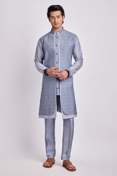 Shop Bubber Couture Grey Cotton, Silk Embroidery Stanis Layered Kurta Set Online at Aza Fashions Shop_Bubber Couture_Grey Cotton, Silk Embroidery Stanis Layered Kurta Set _Online_at_Aza_Fashions