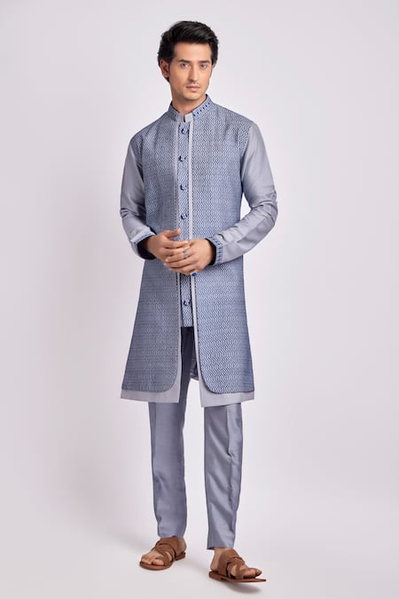 Bubber Couture Grey Cotton, Silk Embroidery Stanis Layered Kurta Set at Aza Fashions Bubber Couture_Grey Cotton, Silk Embroidery Stanis Layered Kurta Set _at_Aza_Fashions